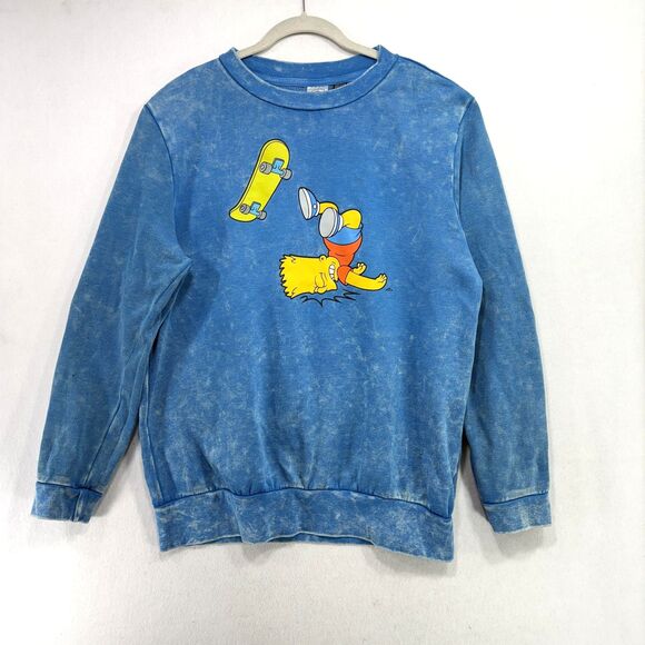 Simpsons Bart Skateboard Graphic Sweatshirt XXL Blue Acid Wash Retro 90s Style - Picture 1 of 12